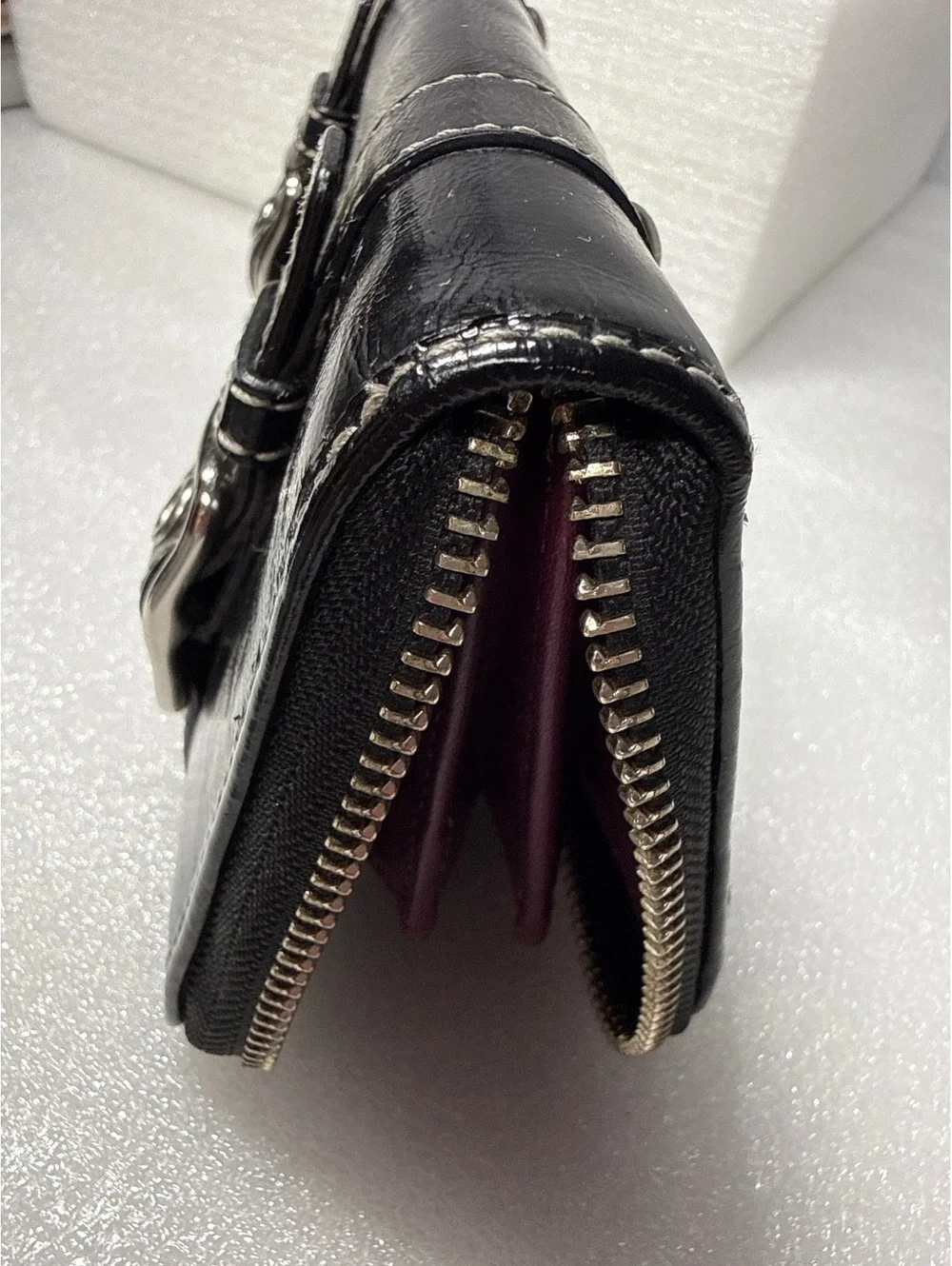 Coach Black Patent Leather Zip Around Wallet Buckle Accent Purple Interior
